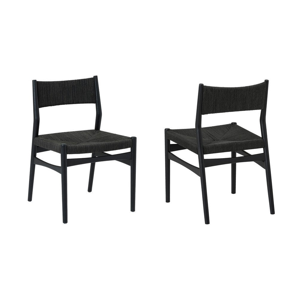 Rie Dining Side Chair Set of 2, Danish Inspired Panel Backrest, Black Woven By Casagear Home