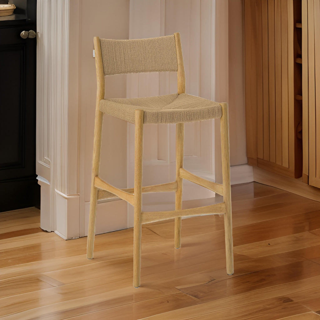 Rie Counter Stool Chair, Danish Inspired Panel Back, Brown Woven Paper Cord By Casagear Home