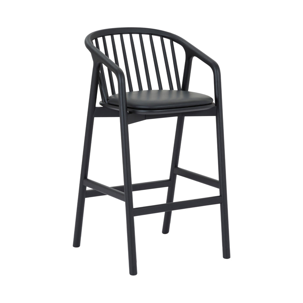 Rchy Barstool Chair Curved Spindle Back Black Faux Leather Oak Wood By Casagear Home BM320489