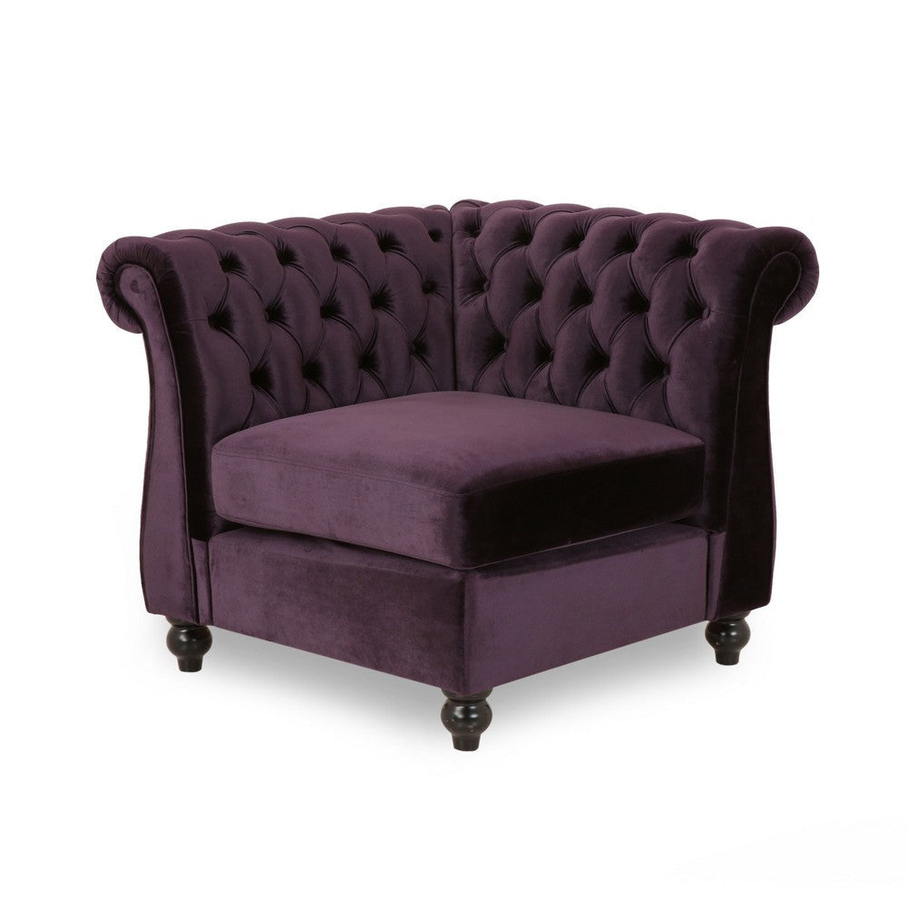 Corner Accent Club Chair, Button Tufted Rolled Back, Dark Purple Velvet By Casagear Home