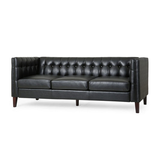 Ember Sofa, 76 Inch, Chesterfield Tufted Soft Black Faux Leather Upholstery By Casagear Home