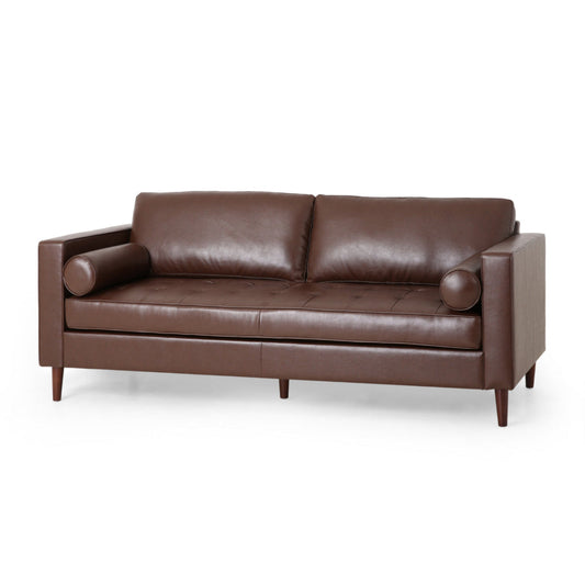 Ayla Sofa, 2 Bolster Pillows, Plush Tufted Dark Brown Faux Leather, 82 Inch By Casagear Home