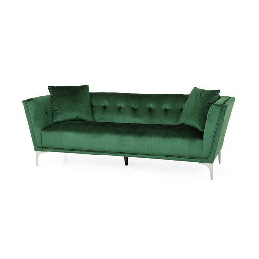 Sofy Sofa, 87 Inch Modern Chesterfield Emerald Green Velvet with 2 Pillows By Casagear Home