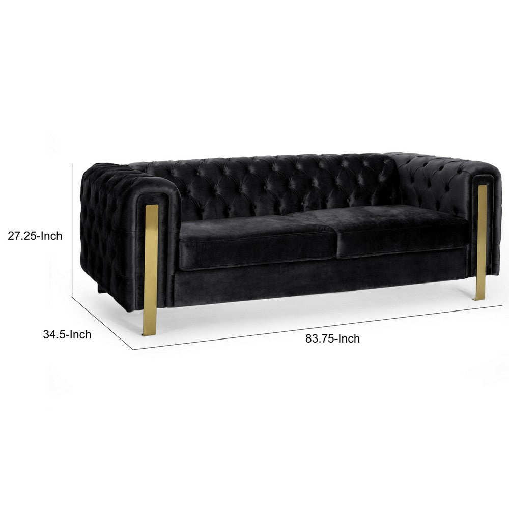 Nua Sofa Chesterfield Tufted Black Velvet 84 Inch Modern Gold Legs By Casagear Home BM320519