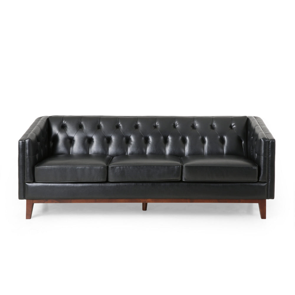 Vella Sofa Pull Point Style Back 81 Inch Tufted Black Faux Leather By Casagear Home BM320521