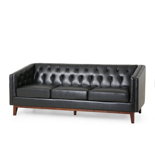 Vella Sofa, Pull Point Style Back, 81 Inch, Tufted Black Faux Leather By Casagear Home