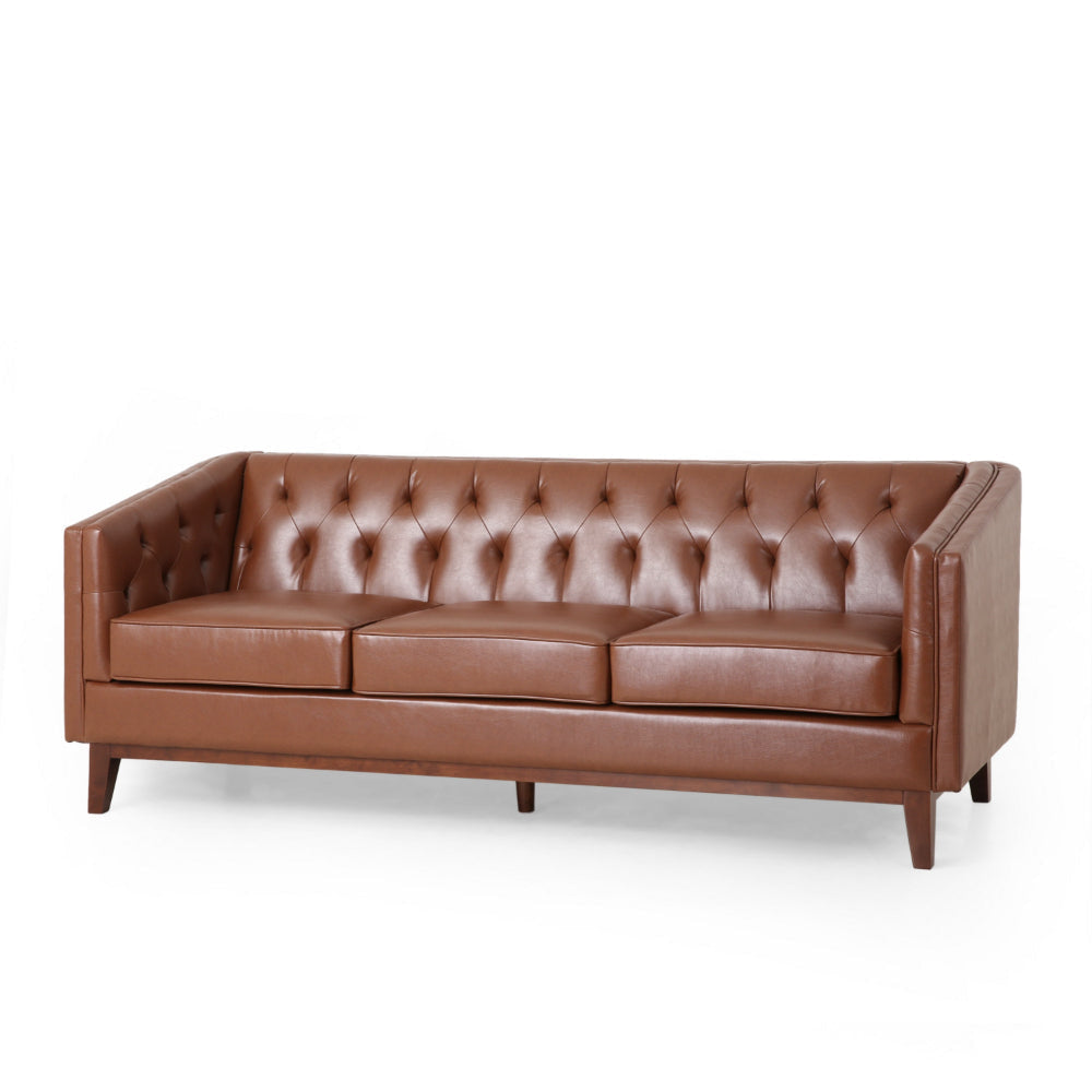 Vella Sofa, Pull Point Back, 81 Inch, Tufted Light Brown Faux Leather By Casagear Home