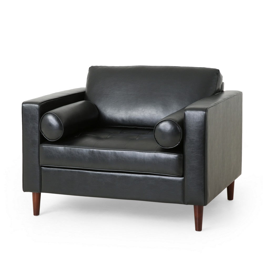 Accent Club Chair, 45 Inch Padded Seat, Birch Wood Legs, Black Faux Leather By Casagear Home