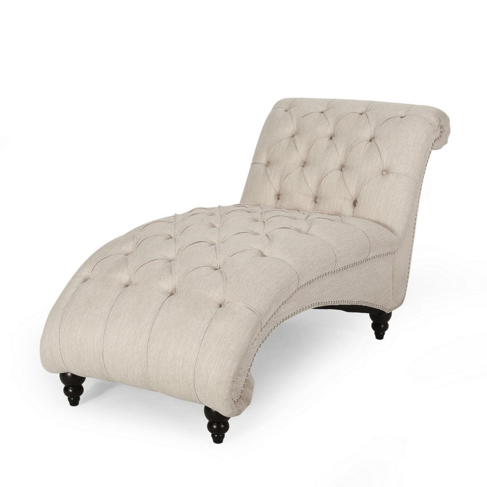 Curb Chaise Lounger, 64 Inch, Button Tufted Diamond Stitch, Beige Fabric By Casagear Home