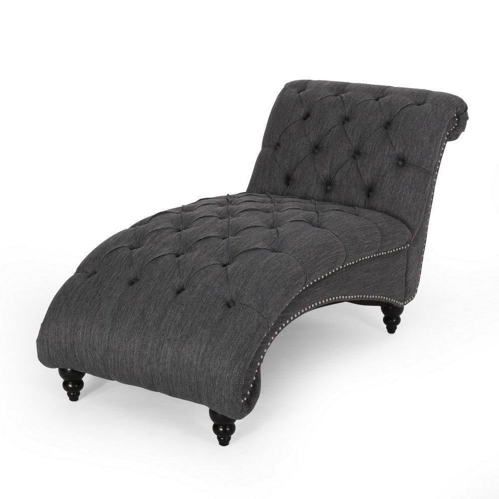 Curb Chaise Lounger, 64 Inch, Button Tufted Diamond Stitch, Charcoal Gray By Casagear Home