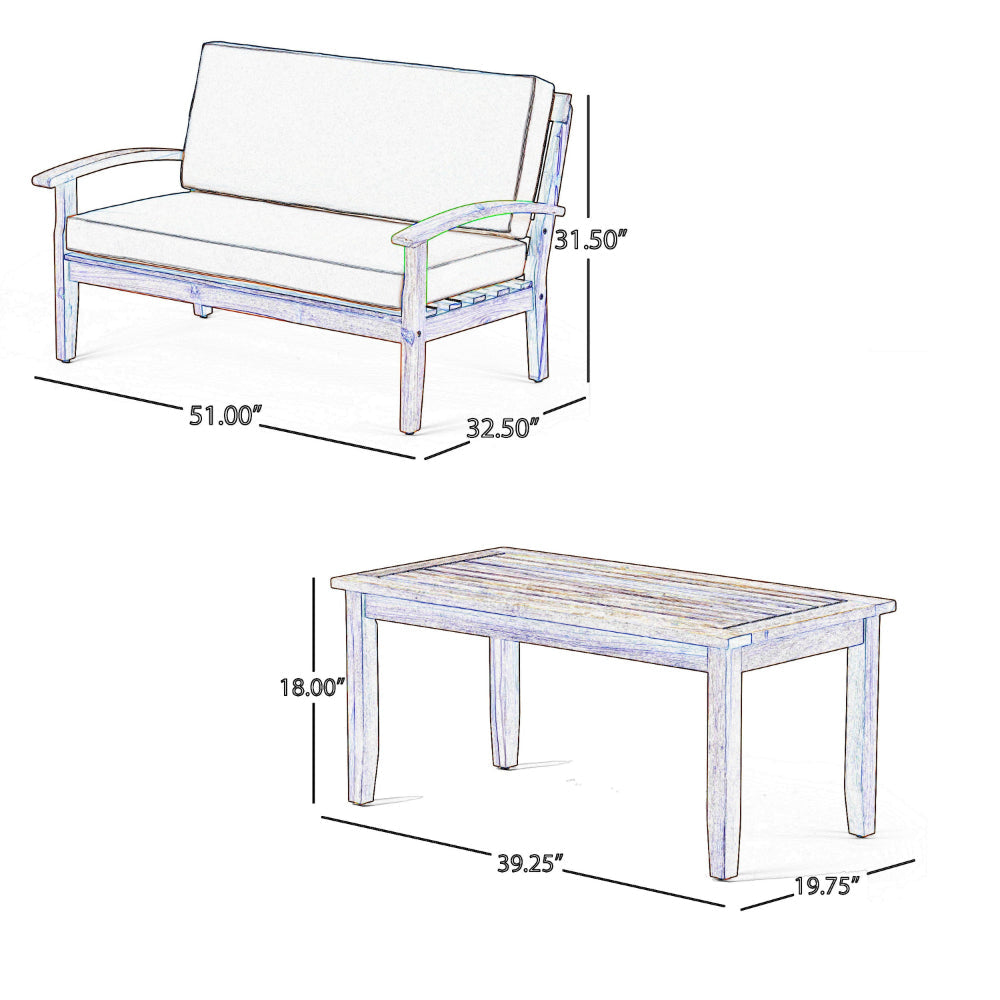 Outdoor Loveseat and Coffee Table Set Blue Cushions Brown Acacia Wood By Casagear Home BM320541