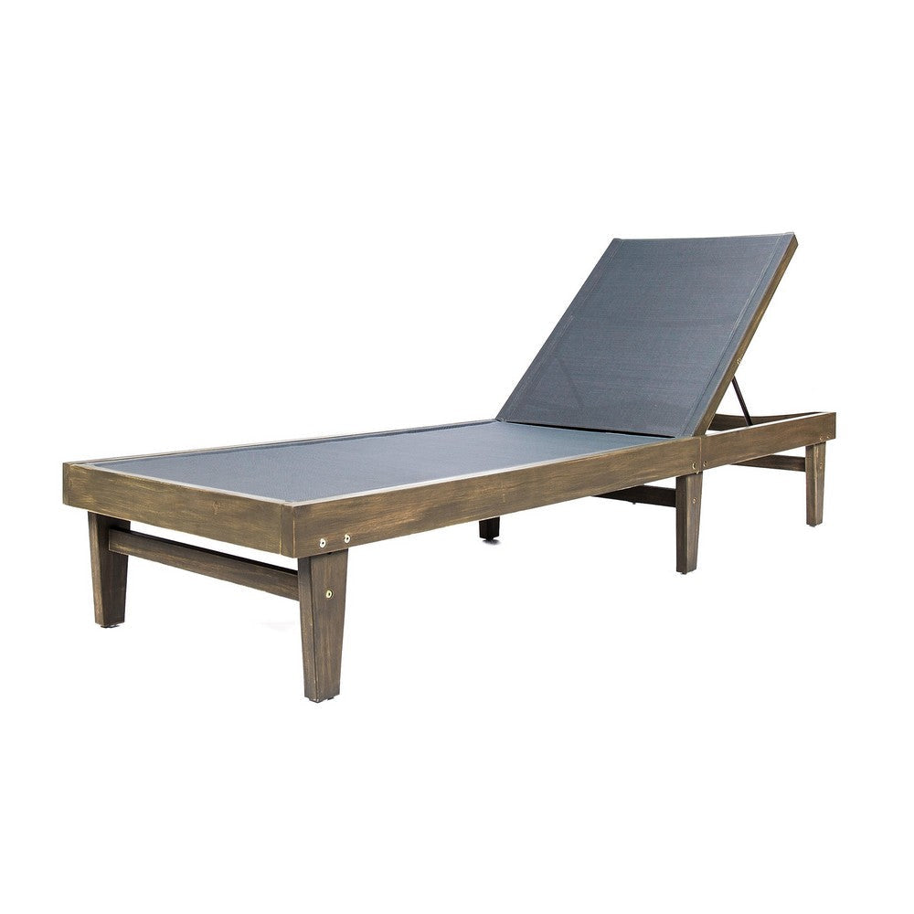 Liam Outdoor Chaise Lounger, 78 Inch Mesh Seat, Dark Gray Acacia Wood Frame By Casagear Home