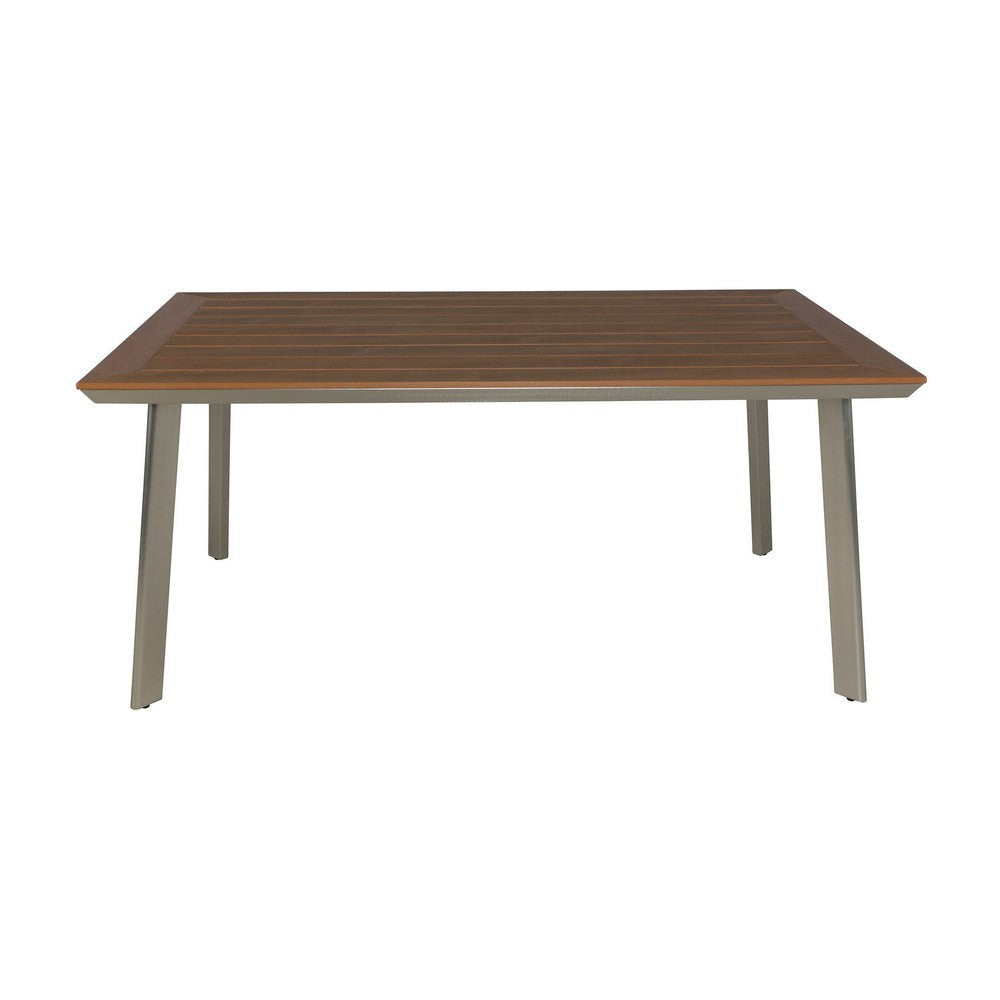 Outdoor Dining Table 63 Inch Brown Eucalyptus Wood Top Silver Metal Legs By Casagear Home BM320562