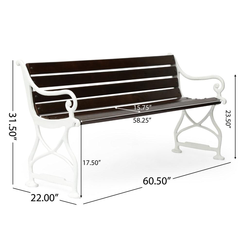 Outdoor Bench 61 Inch Brown Acacia Wood with White Metal Ornate Frame By Casagear Home BM320563