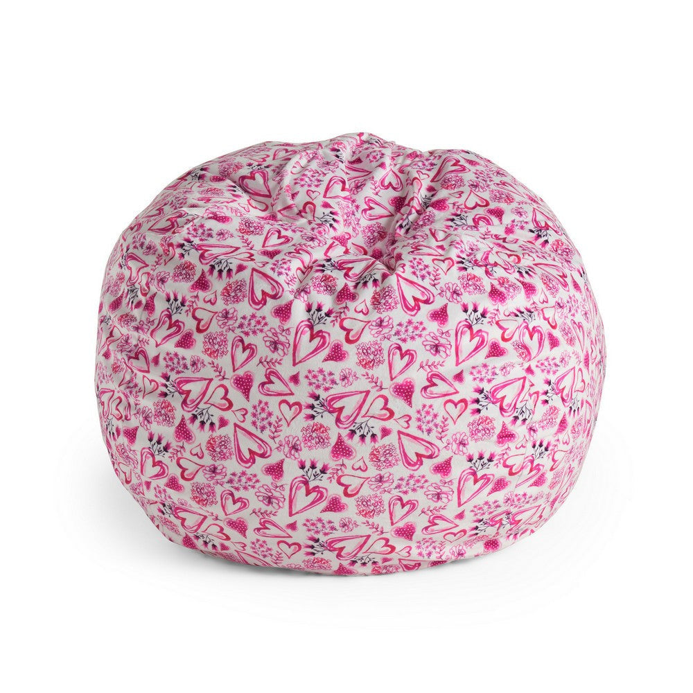 Bean Bag Chair with Heart Pattern 34 Inch Round White Pink Polyester By Casagear Home BM320564