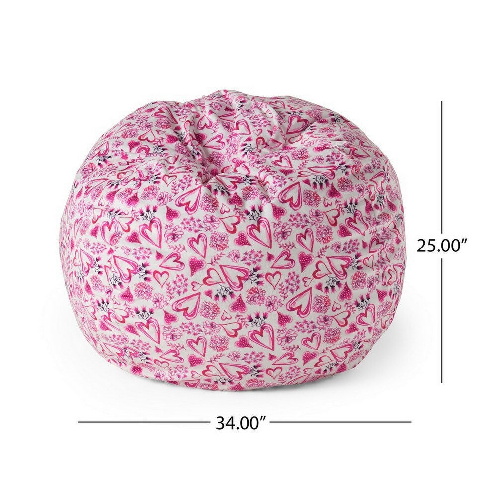 Bean Bag Chair with Heart Pattern 34 Inch Round White Pink Polyester By Casagear Home BM320564