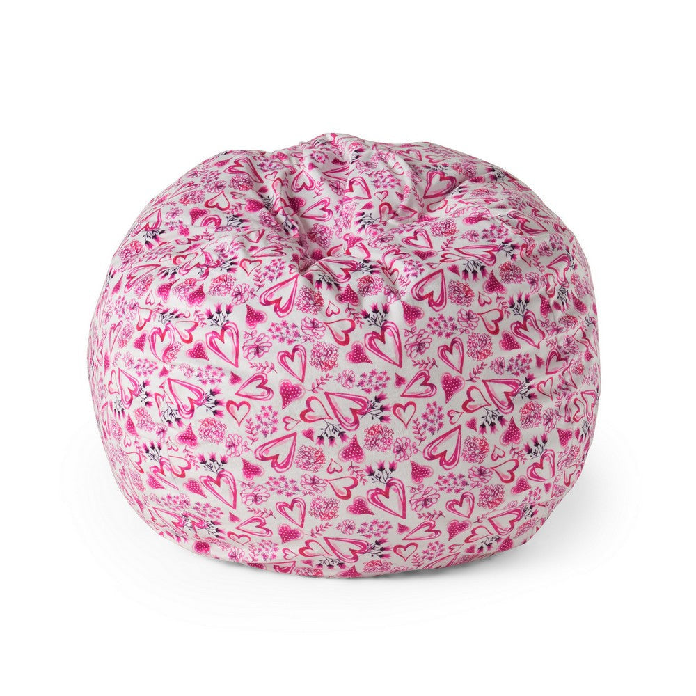 Bean Bag Chair with Heart Pattern, 34 Inch Round, White, Pink Polyester By Casagear Home