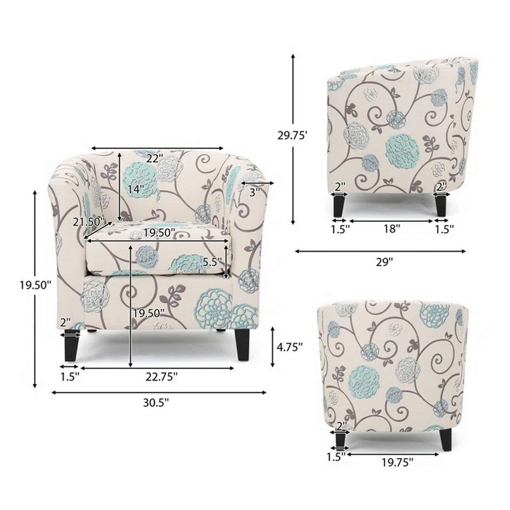 Accent Club Chair Round Arms Cream Blue Fabric Floral Details Birch Wood By Casagear Home BM320565