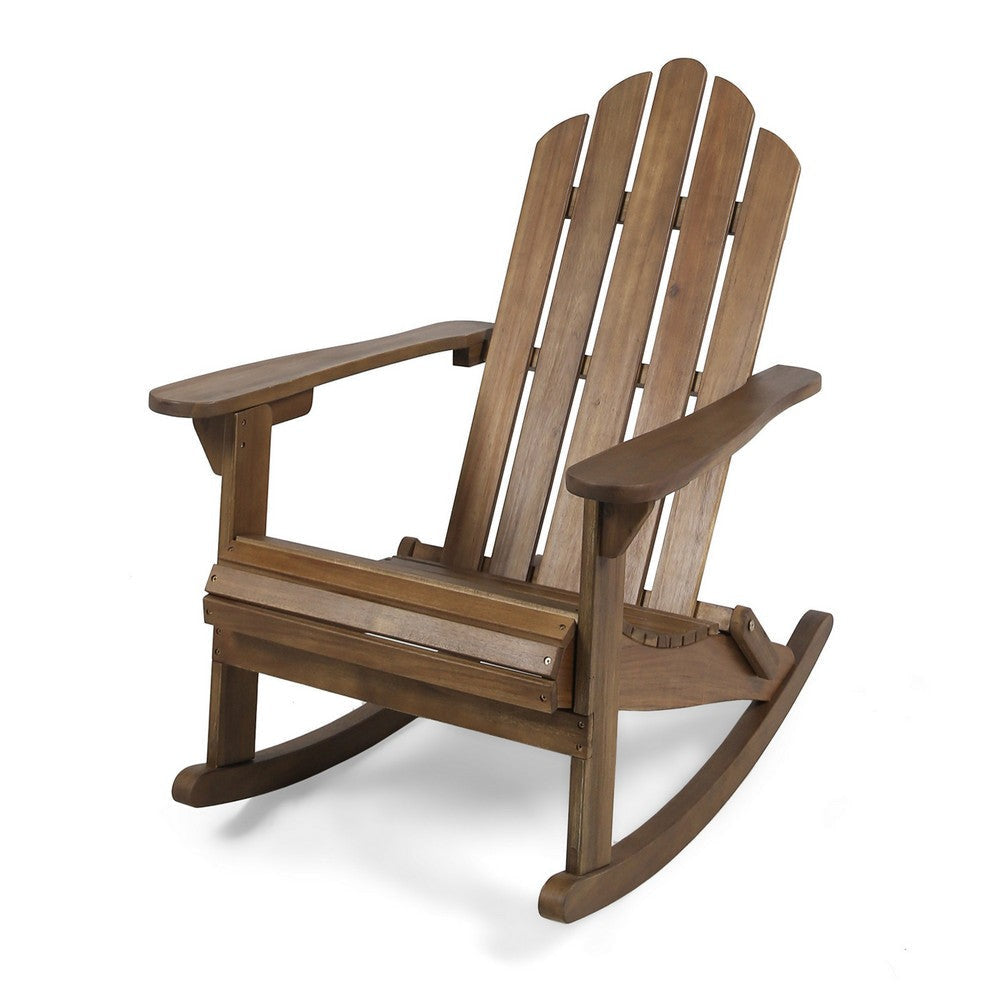 Outdoor Adirondack Rocking Chair Slatted Back Slope Arms Dark Brown Wood By Casagear Home BM320574