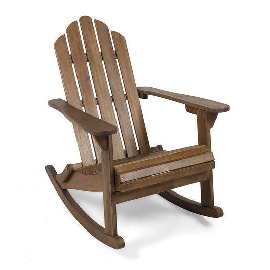 Outdoor Adirondack Rocking Chair, Slatted Back, Slope Arms, Dark Brown Wood By Casagear Home