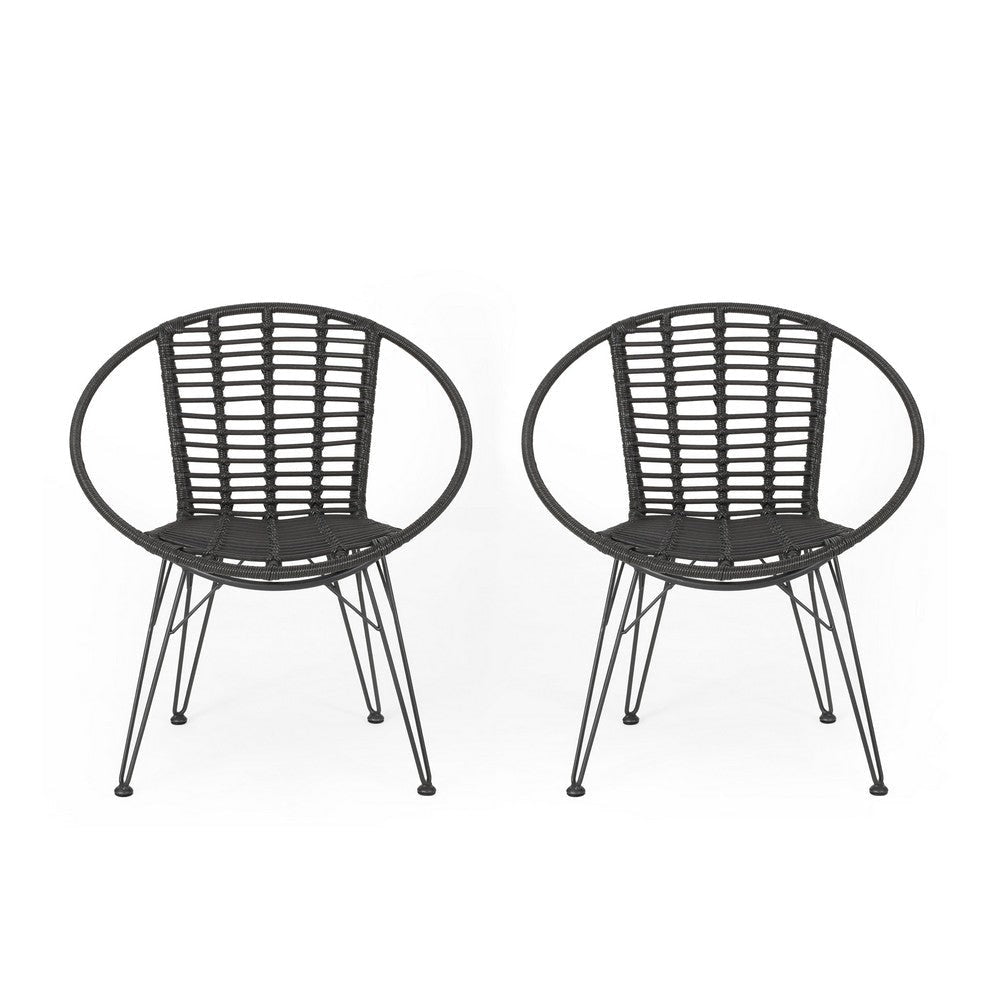 Outdoor Dining Chair Set of 2, Angled Basket Shaped, Gray Rattan, Metal By Casagear Home