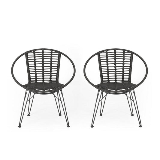 Outdoor Dining Chair Set of 2, Angled Basket Shaped, Gray Rattan, Metal By Casagear Home