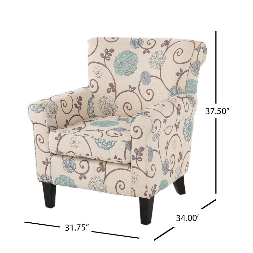 Accent Club Chair Classic Rolled Arms Floral White and Blue Fabric Design By Casagear Home BM320578