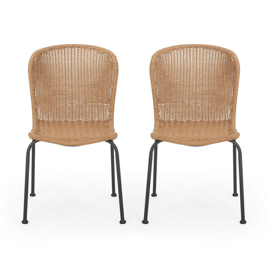 Outdoor Patio Chair Set of 2, Rattan Light Brown Wicker Weave, Scrolled By Casagear Home