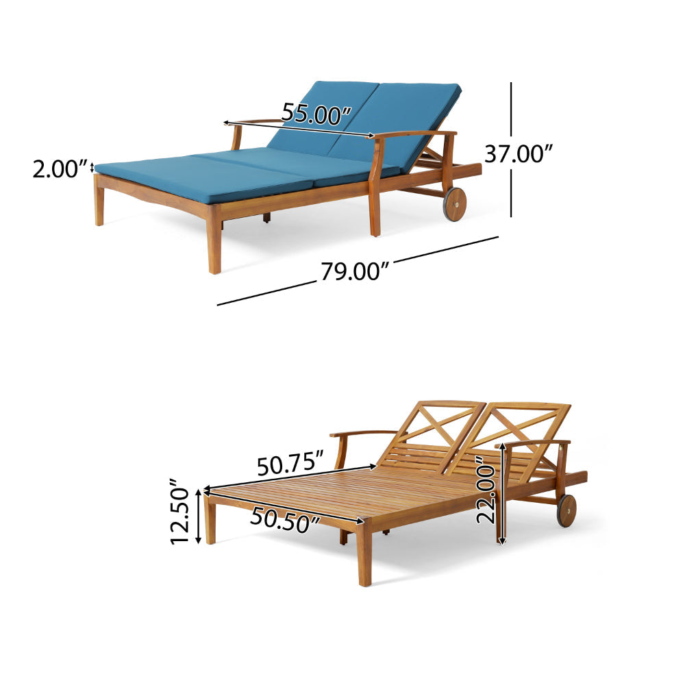 Hoye Double Chaise Lounger Recliner Bed Outdoor 79 Inch Acacia Wood By Casagear Home BM320582