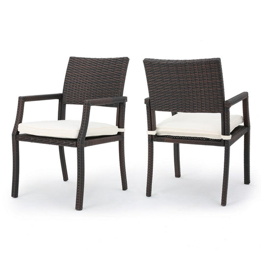 Roeh Outdoor Dining Chair Set of 2, Contemporary Wicker and Brown Fabric By Casagear Home