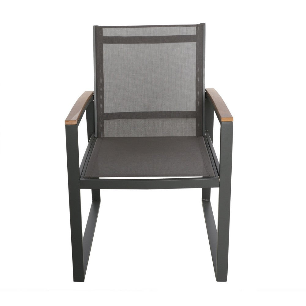 Outdoor Dining Chair Set of 2 Gray Mesh Seat and Brown Faux Wood Metal By Casagear Home BM320590