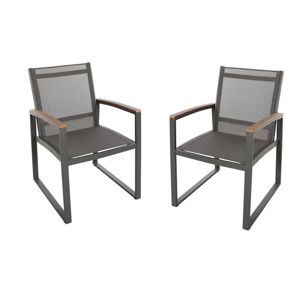 Outdoor Dining Chair Set of 2, Gray Mesh Seat and Brown Faux Wood, Metal By Casagear Home