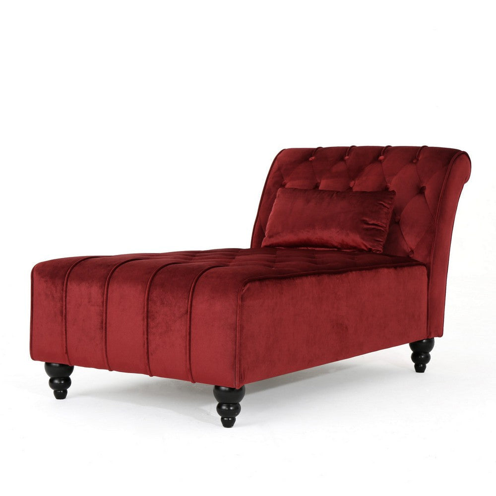 Chaise Lounger, Tufted Design, 55 Inch Birch Wood Frame, Garnet Red Velvet By Casagear Home