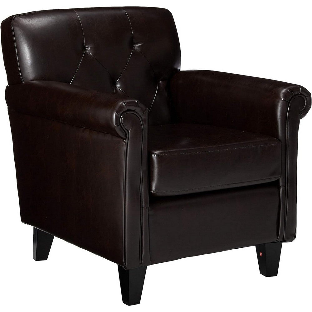 Accent Club Chair, 40 Inch, Tufted Back, Full-Padded Brown Faux Leather By Casagear Home