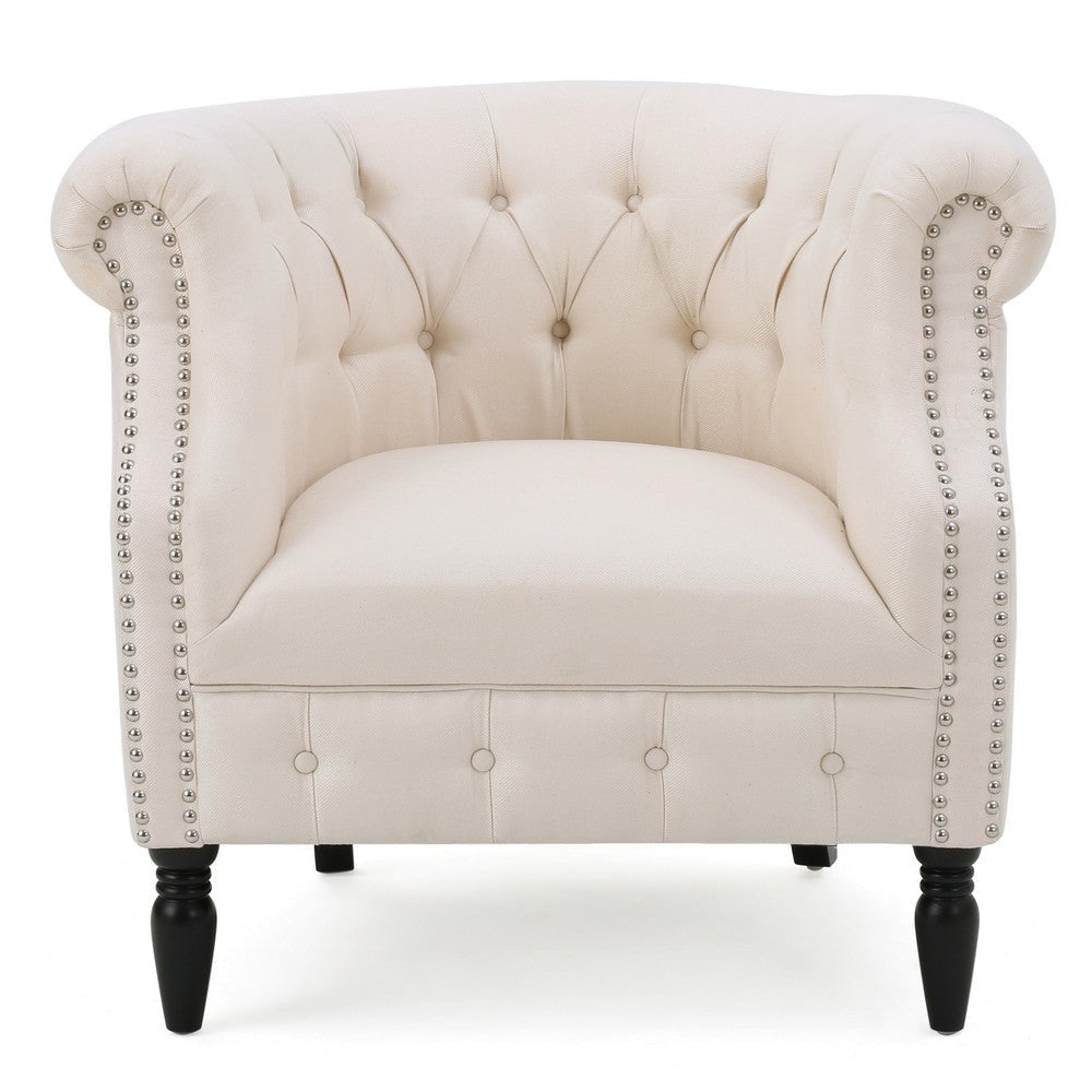 37 Inch Accent Club Chair High Tufted Back Studded Arms Beige Fabric By Casagear Home BM320603