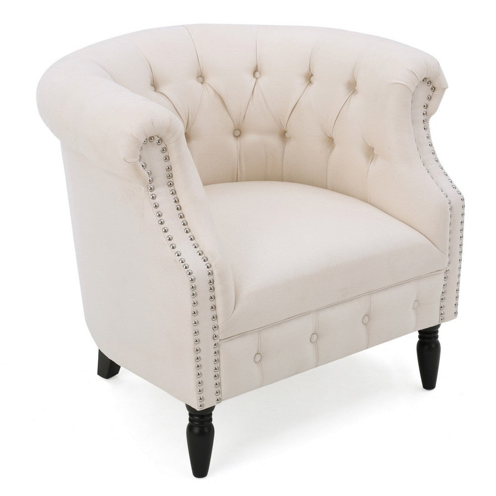 37 Inch Accent Club Chair, High Tufted Back, Studded Arms, Beige Fabric By Casagear Home