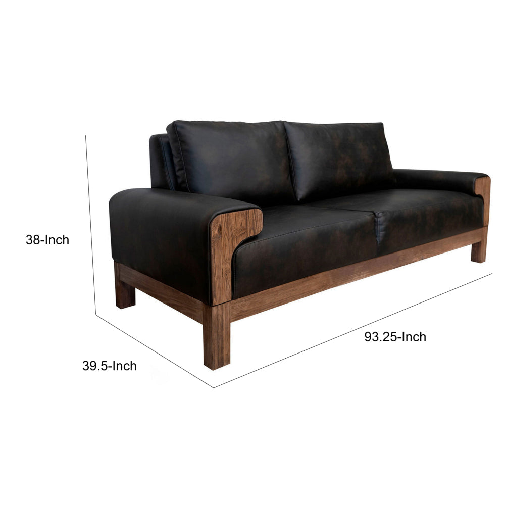 Caisy Sofa Black Faux Leather Caramel Solid Wood Frame 93 Inch By Casagear Home BM320896