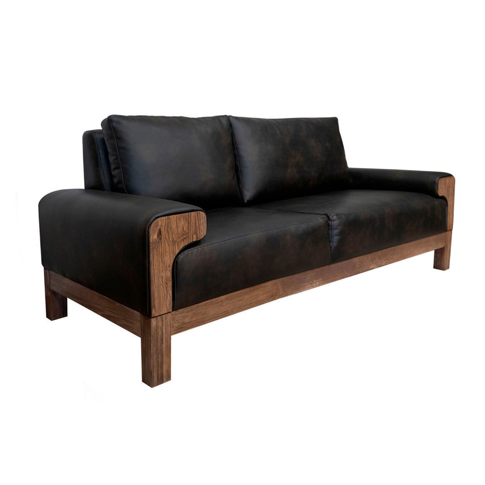 Caisy Sofa, Black Faux Leather, Caramel Solid Wood Frame, 93 Inch By Casagear Home