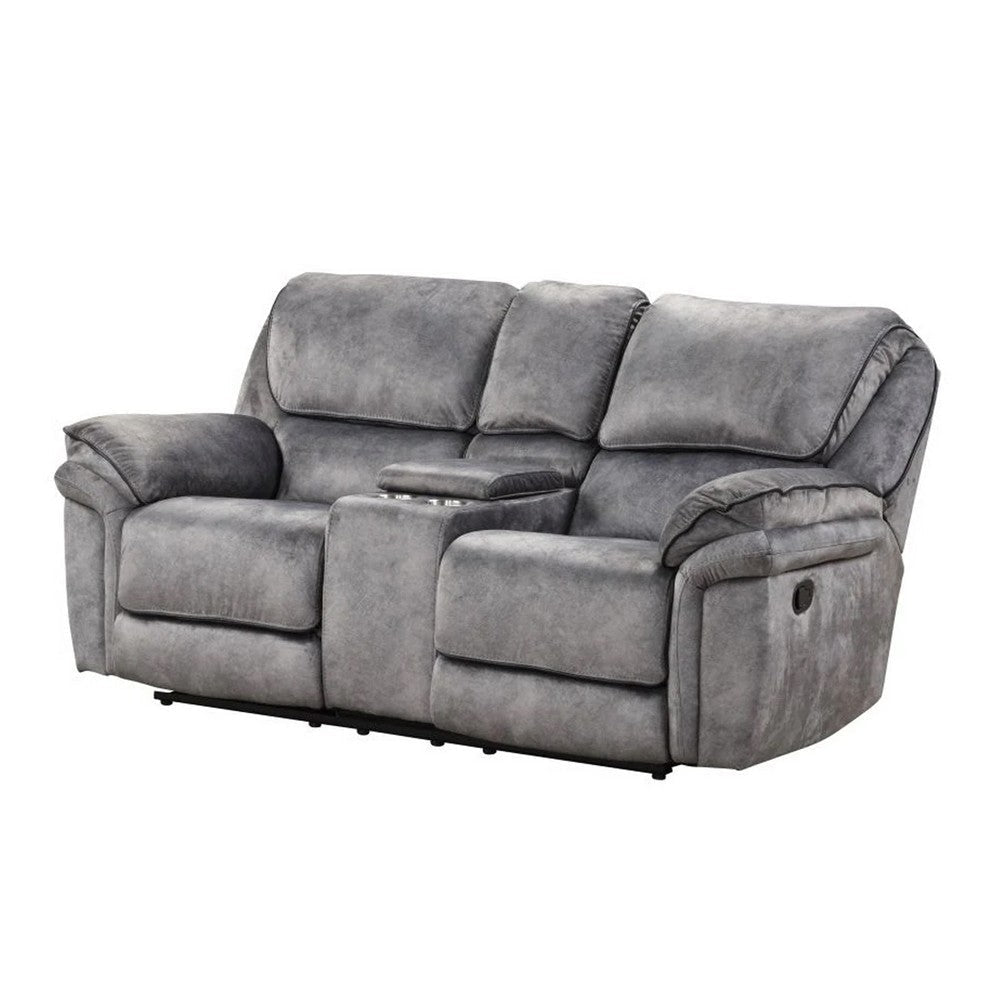 Remma Manual Recliner Loveseat Gray Faux Leather Console with Cupholders By Casagear Home BM321087