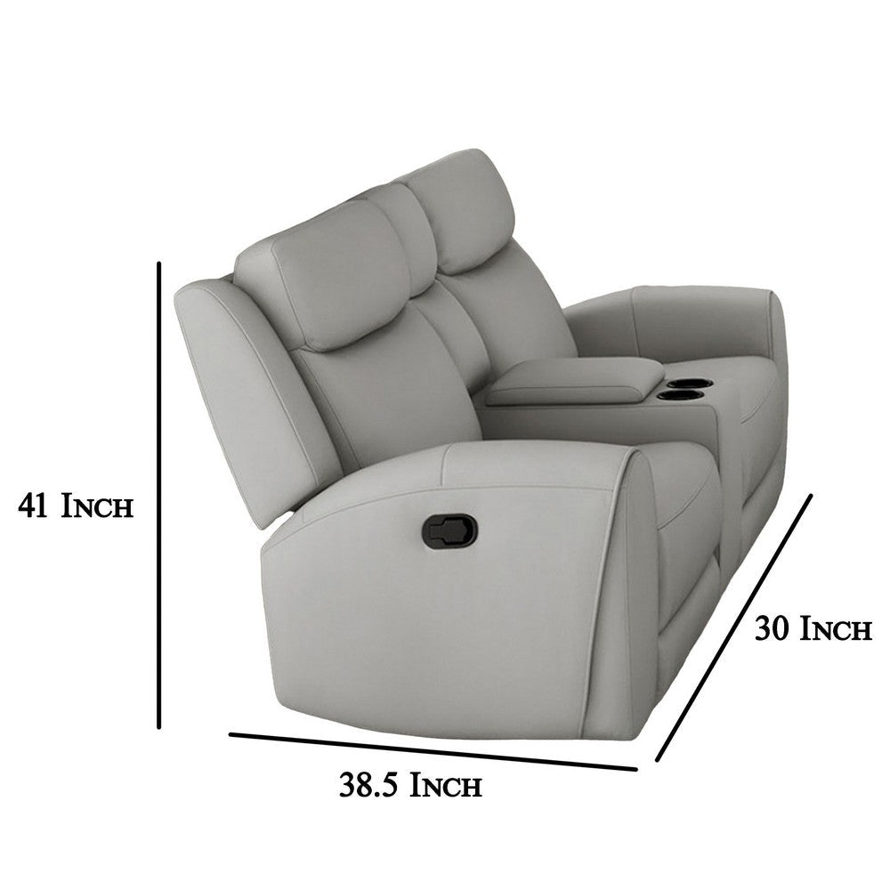 Cobe Manual Recliner Loveseat 41 Inch Center Console Grain Gray Leather By Casagear Home BM321103