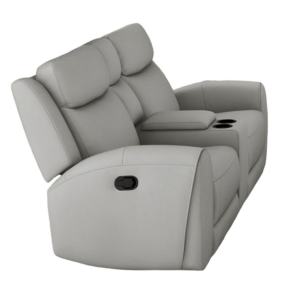 Cobe Manual Recliner Loveseat, 41 Inch, Center Console, Grain Gray Leather By Casagear Home