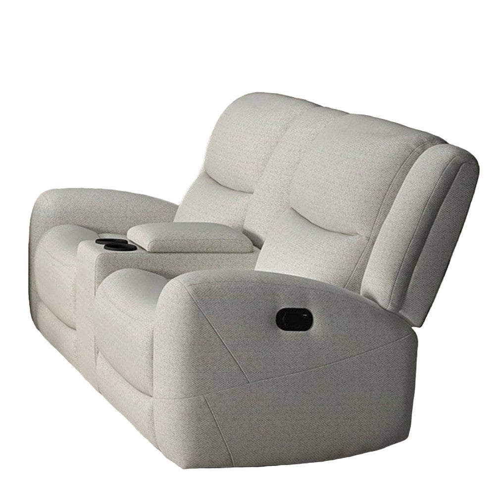 Gira Manual Recliner Loveseat with Center Console 79 Inch Wood Beige By Casagear Home BM321113