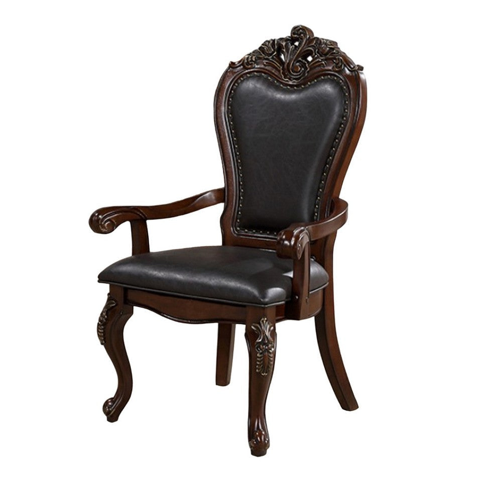 Zenie Dining Armchair Set of 2 Carved Cabriole Faux Leather Cherry Brown By Casagear Home BM321126