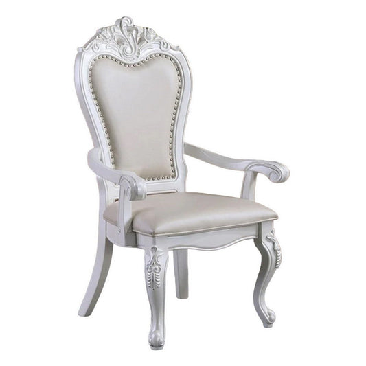 Zenie Dining Armchair Set of 2, Carved Cabriole, Faux Leather, White Wood By Casagear Home