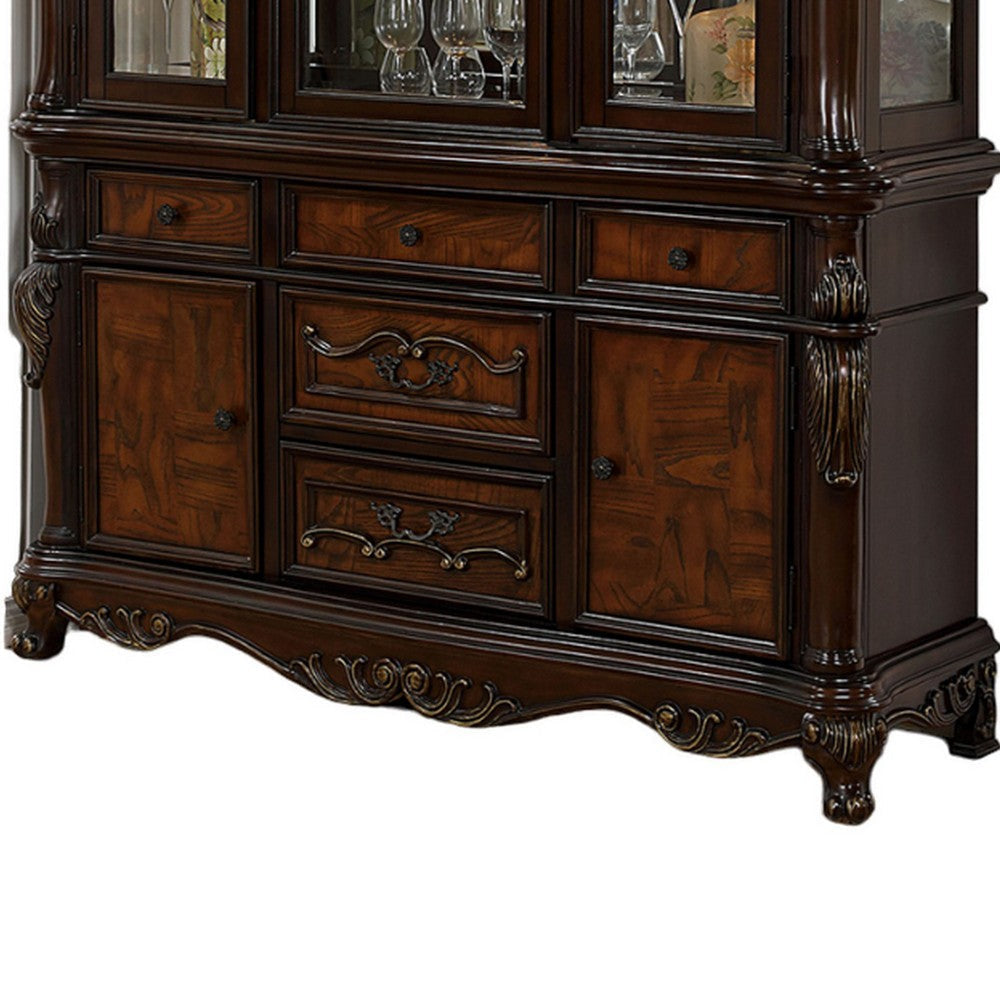 Zenie Buffet Cabinet and Hutch Classic Carved Cherry Brown Solid Wood By Casagear Home BM321130