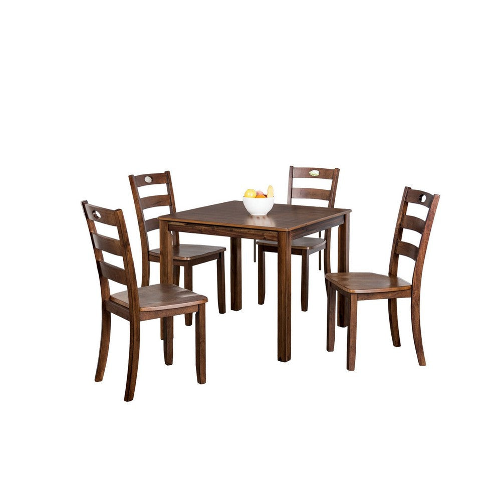 Lasie 5 Piece Dining Table Set, 4 Chairs, Slatted Backs, Brown Solid Wood By Casagear Home