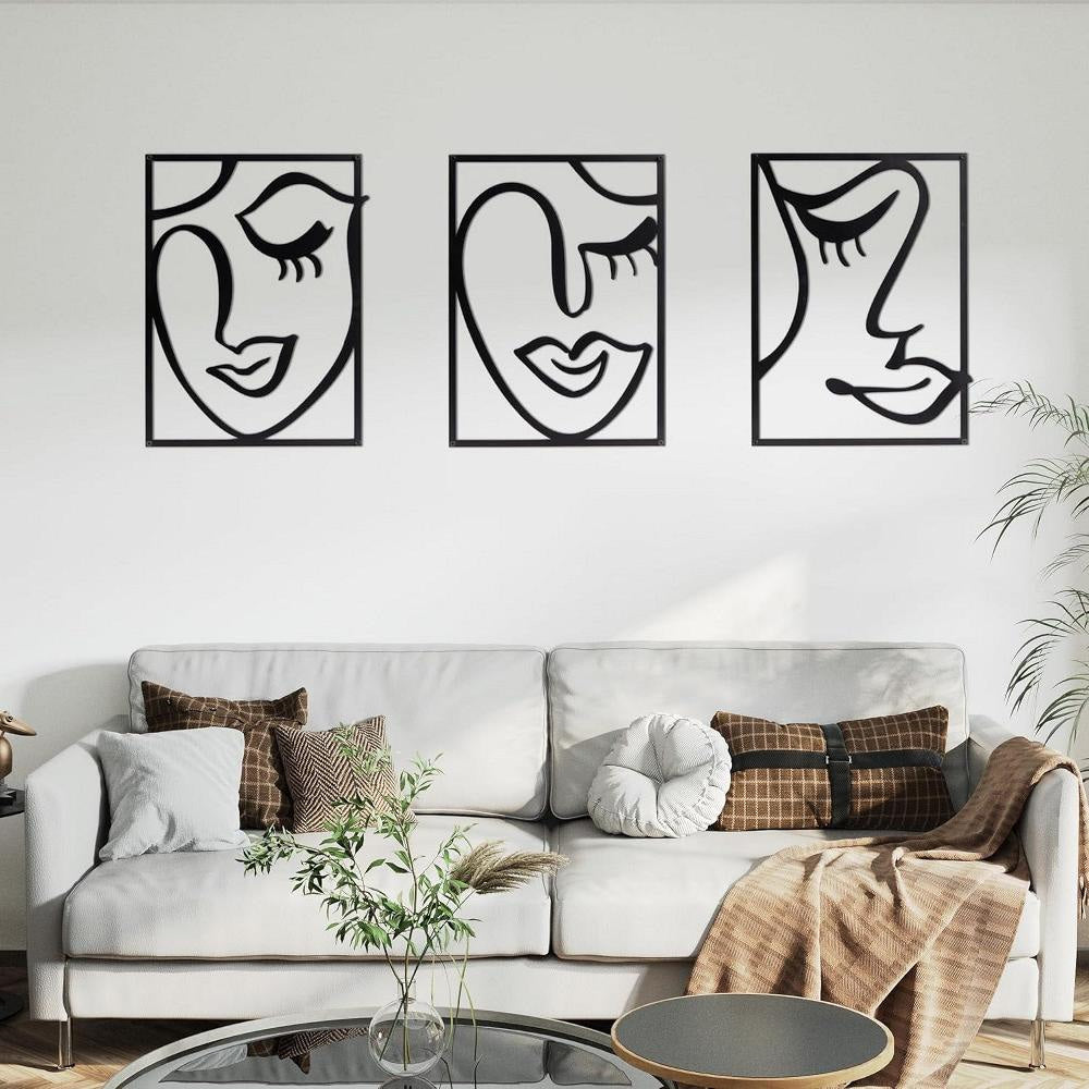 Cinq 3 Piece Set Wall Decor Face Line Drawing Abstract Design Black Rectangular Metal Frame by Casagear home BM321138