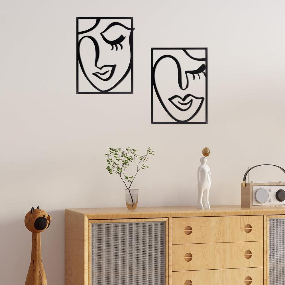 Cinq 3 Piece Set Wall Decor, Face Line Drawing Abstract Design, Black Rectangular Metal Frame by Casagear home