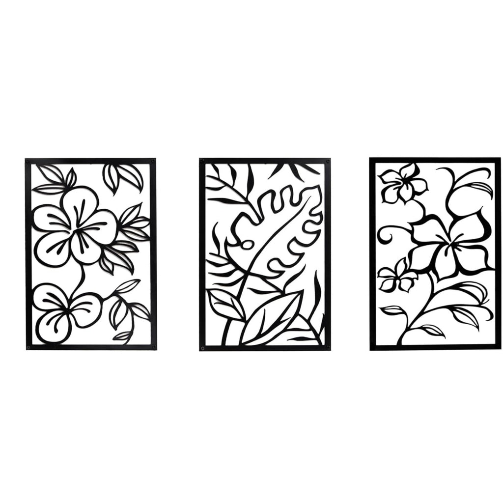 Cinq 3 Piece Set Wall Decor Floral Hollow Out Abstract Design Black Rectangular Metal Frame by Casagear home BM321140