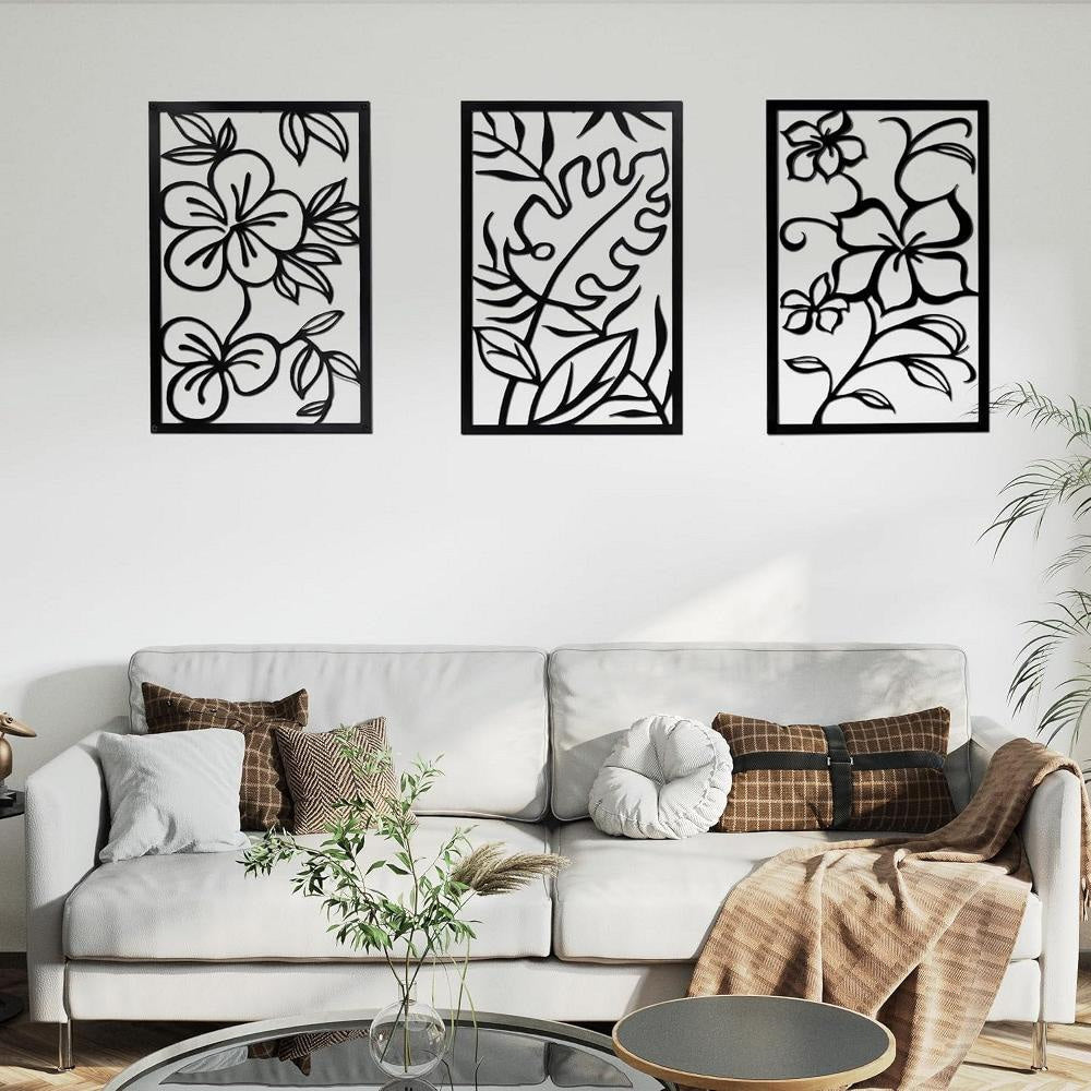 Cinq 3 Piece Set Wall Decor Floral Hollow Out Abstract Design Black Rectangular Metal Frame by Casagear home BM321140